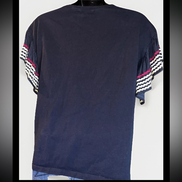 STELLA & DOT 'Everly' Flutter Ric Rac Sleeves Navy Blue T-Shirt Size Small - Picture 4 of 9